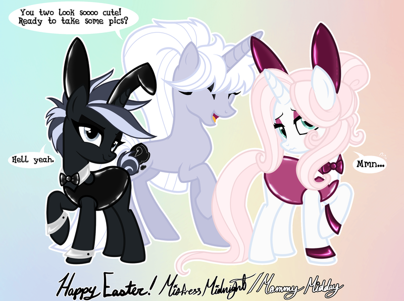 Size: 2360x1757 | Tagged: questionable, artist:mistress midnight, artist:mommymidday, derpibooru import, oc, oc:mistress, oc:mommy midday, oc:sew shiny, unofficial characters only, pony, unicorn, blushing, bowtie, bunny ears, bunny suit, clothes, cufflinks, cuffs, cuffs (clothes), dialogue, easter, eyeliner, eyeshadow, female, females only, fetish, fetish fuel, happy easter, holiday, image, latex, latex suit, makeup, png, raised hoof, rubber, rubber suit, shiny, signature