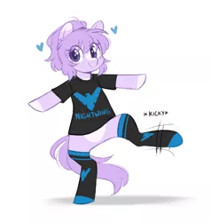 Size: 770x810 | Tagged: safe, artist:higgly-chan, derpibooru import, oc, oc:mio, unofficial characters only, earth pony, pony, bipedal, clothes, cute, dc comics, dick grayson, female, heart, image, mare, markings, nightwing, png, shirt, simple background, socks, solo, t-shirt, white background