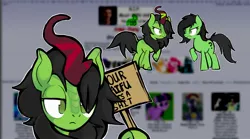 Size: 2477x1375 | Tagged: safe, artist:yidwags, derpibooru import, oc, oc:anon kirin, oc:anonfilly, unofficial characters only, earth pony, kirin, pony, /mlp/, 4chan, angry, argument, blurry background, cute, derpibooru exclusive, emotionless, female, filly, holding sign, image, jpeg, lidded eyes, multiple characters, sign, vulgar, your waifu is shit