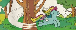 Size: 883x348 | Tagged: safe, derpibooru import, official, sunlight (g1), earth pony, pony, blue coat, bow, comic strip, eyes closed, fast, female, g1, happy, image, jpeg, leaping, mare, multicolored hair, multicolored mane, official comic, rainbow hair, running, solo, tail, tail bow, tree