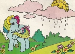 Size: 460x332 | Tagged: safe, derpibooru import, official, sunlight (g1), earth pony, pony, blue coat, bow, cloud, flower, g1, horseshoes, image, jpeg, multicolored hair, official comic, outdoors, purple eyes, rain, rainbow hair, raised hoof, solo, sun, tail, tail bow