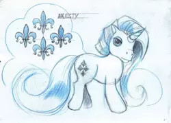 Size: 600x429 | Tagged: safe, artist:steve beaumont, derpibooru import, majesty, pony, unicorn, blue hair, concept art, cutie mark, g1, g1 to g3, g3, generation leap, goth, image, jpeg, lidded eyes, long mane, reference sheet, sketch, solo, traditional art, what could have been