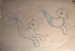 Size: 540x365 | Tagged: safe, artist:steve beaumont, derpibooru import, merpony, pony, sea pony, concept art, duo, female, g3, image, jpeg, lidded eyes, low quality, mare, paper, traditional art, what could have been