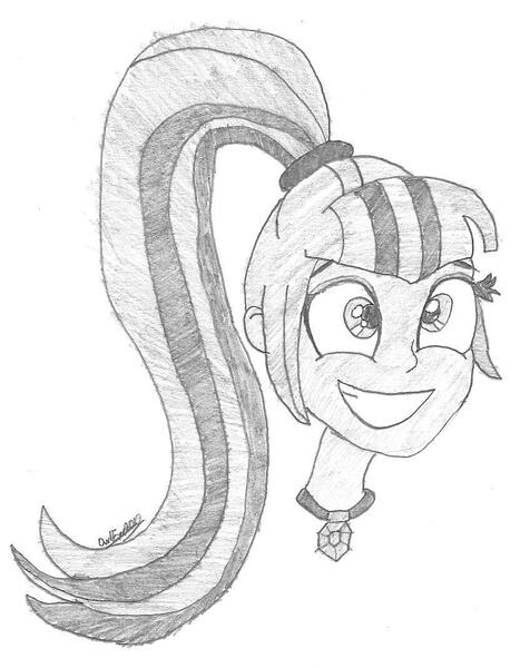 Size: 848x1068 | Tagged: safe, artist:owl-eye-2010, derpibooru import, sonata dusk, equestria girls, 2015, bust, female, gem, grin, image, jpeg, monochrome, pencil drawing, signature, siren gem, smiling, solo, traditional art