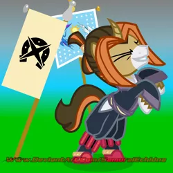 Size: 1032x1032 | Tagged: safe, artist:samurai echidna, artist:samurai equine, derpibooru import, oc, oc:samurai equine, unofficial characters only, pony, unicorn, bipedal, boots, clothes, flag, flag pole, happy, image, japanese, male, moon runes, png, rearing, shoes, simple background, stallion, standing, standing on two hooves, three quarter view, vector