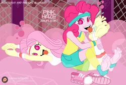 Size: 1280x867 | Tagged: suggestive, artist:jinkslizard, derpibooru import, fluttershy, pinkie pie, feet, image, jpeg