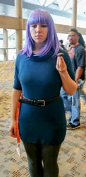 Size: 624x1281 | Tagged: safe, artist:owl-eye-2010, derpibooru import, boulder (pet), maud pie, human, bronycon, bronycon 2016, clothes, cosplay, costume, image, irl, irl human, jpeg, photo