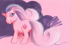 Size: 690x478 | Tagged: safe, artist:steve beaumont, derpibooru import, unnamed character, unnamed pony, earth pony, pony, concept art, female, g3, image, jpeg, lidded eyes, long mane, looking back, mare, pink background, pink coat, purple background, purple eyes, short, simple background, smiling, smirk, solo, tail, traditional art, what could have been