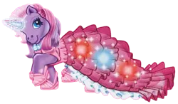 Size: 580x338 | Tagged: safe, derpibooru import, official, lily lightly, pony, unicorn, blue eyes, clothes, dress, female, formal wear, g3, glow, glowing horn, gown, horn, image, jewelry, mare, necklace, pink mane, png, purple coat, purple mane, shoes, simple background, solo, sparkles, transparent background