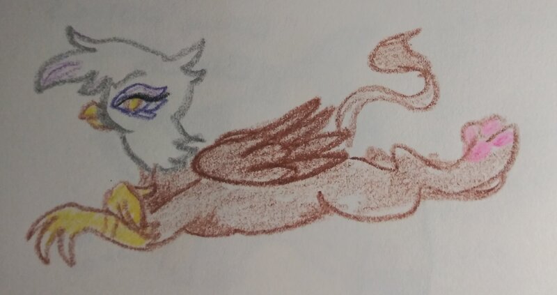 Size: 2048x1082 | Tagged: safe, artist:pony quarantine, derpibooru import, gilda, gryphon, crayon drawing, female, image, jpeg, looking at you, lying down, paw pads, paws, prone, solo, toe beans, traditional art, underpaw