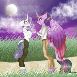 Size: 1280x1280 | Tagged: safe, artist:moodipone, derpibooru import, rarity, twilight sparkle, twilight sparkle (alicorn), alicorn, anthro, alternate hairstyle, bedroom eyes, cloud, cloven hooves, curved horn, female, flustered, folded wings, grass, grin, horn, image, in love, jpeg, leonine tail, lesbian, looking at each other, looking at someone, moon, night, outdoors, pocket, rarilight, shipping, smiling, stars, tail, wide eyes, wings