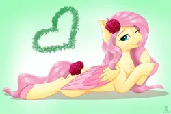 Size: 3000x2000 | Tagged: safe, artist:monsoonvisionz, derpibooru import, fluttershy, pegasus, pony, colored wings, colored wingtips, female, flower, flower in hair, freckles, freckleshy, high res, image, looking at you, lying down, mare, multicolored wings, one eye closed, png, prone, rose, solo, tongue out, unshorn fetlocks, wings, wink, winking at you