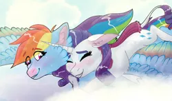 Size: 1280x752 | Tagged: safe, artist:bushkit, derpibooru import, rainbow dash, rarity, pegasus, pony, unicorn, blushing, cheek feathers, clothes, colored wings, eyes closed, female, flying, hug, image, leonine tail, lesbian, mare, multicolored wings, obtrusive watermark, png, rainbow wings, raridash, riding, scarf, shipping, spread wings, tail, watermark, wings