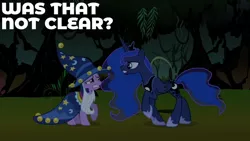 Size: 1280x720 | Tagged: safe, derpibooru import, edit, edited screencap, editor:quoterific, screencap, princess luna, twilight sparkle, alicorn, pony, unicorn, luna eclipsed, season 2, crown, duo, female, image, jewelry, jpeg, mare, regalia, star swirl the bearded costume, text, unicorn twilight