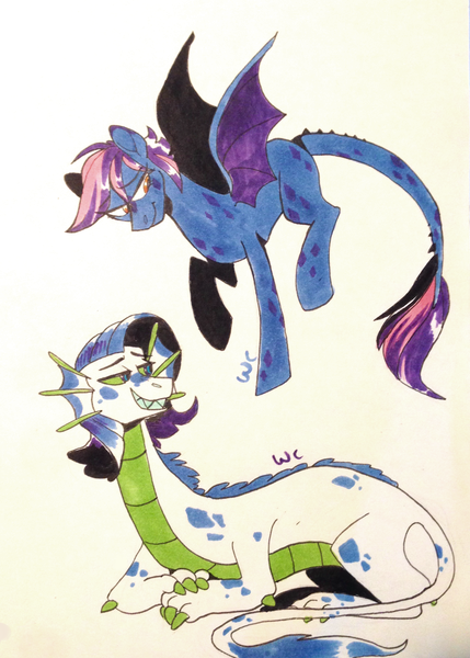 Size: 1983x2773 | Tagged: safe, artist:waackery-adoptables, derpibooru import, oc, unofficial characters only, dracony, hybrid, duo, flying, half-siblings, image, interspecies offspring, lying down, magical lesbian spawn, offspring, parent:princess ember, parent:rarity, parent:spike, parents:emberity, parents:sparity, png, traditional art