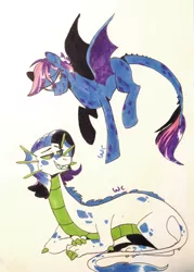 Size: 1983x2773 | Tagged: safe, artist:waackery-adoptables, derpibooru import, oc, unofficial characters only, dracony, hybrid, duo, flying, half-siblings, image, interspecies offspring, lying down, magical lesbian spawn, offspring, parent:princess ember, parent:rarity, parent:spike, parents:emberity, parents:sparity, png, traditional art