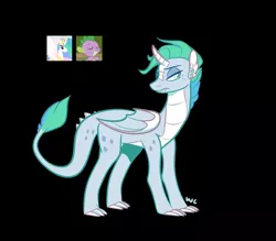 Size: 1643x1442 | Tagged: safe, artist:waackery-adoptables, derpibooru import, princess celestia, spike, oc, alicorn, dracony, dragon, hybrid, pony, black background, horn, image, interspecies offspring, offspring, parent:princess celestia, parent:spike, parents:spikelestia, png, simple background, solo