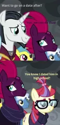 Size: 1080x2237 | Tagged: safe, derpibooru import, edit, edited screencap, editor:decokelow, screencap, chancellor neighsay, fizzlepop berrytwist, lemon hearts, moondancer, pokey pierce, tempest shadow, pony, the ending of the end, asking, broken horn, caption, close-up, clothes, cropped, dating, female, glasses, horn, i ship it, image, jpeg, just kiss already, looking at someone, male, mare, meme, ponies standing next to each other, ponytail, question, scar, shipping, stallion, straight, sweater, tempest neighsay, text