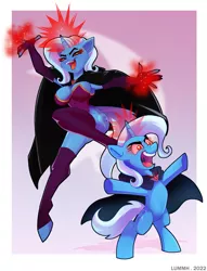 Size: 3136x4096 | Tagged: suggestive, artist:lummh, derpibooru import, trixie, anthro, pony, unguligrade anthro, unicorn, magic duel, alicorn amulet, bipedal, breasts, busty trixie, clothes, duo, evil trixie, female, glow, glowing eyes, glowing horn, hoofless socks, horn, image, jpeg, mare, socks