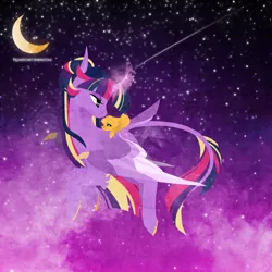 Size: 1440x1440 | Tagged: safe, artist:ryrxian, derpibooru import, twilight sparkle, twilight sparkle (alicorn), alicorn, pony, crescent moon, curved horn, duo, female, flying, glow, glowing horn, horn, image, looking back, mare, moon, night, parent:twilight sparkle, png, riding, shooting star, stars, transparent moon