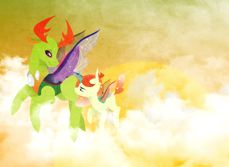 Size: 2865x2094 | Tagged: safe, artist:ryrxian, derpibooru import, thorax, oc, changedling, changeling, changepony, hybrid, antlers, changedling oc, changeling oc, duo, flying, image, interspecies offspring, looking back, male, offspring, outdoors, parent:princess celestia, parent:thorax, parents:thoralestia, png, wings