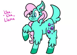 Size: 1280x915 | Tagged: safe, artist:katisnothere, derpibooru import, cha cha, llama, female, g1, g1 to g4, g4, generation leap, green coat, happy, image, jpeg, pink hair, raised hoof, simple background, solo, white background