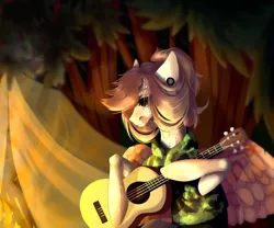 Size: 1280x1065 | Tagged: safe, artist:meggychocolatka, derpibooru import, oc, unofficial characters only, pegasus, pony, bust, camp, clothes, ear piercing, female, forest, guitar, hair over one eye, image, jpeg, mare, musical instrument, outdoors, pegasus oc, piercing, solo, tent, tree, wings