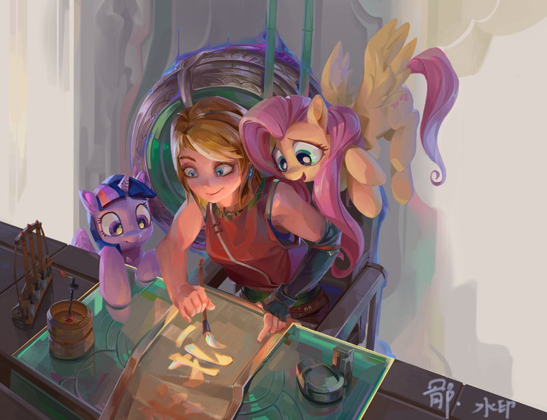 Size: 1988x1527 | Tagged: safe, artist:掷骰儿, derpibooru import, fluttershy, twilight sparkle, twilight sparkle (alicorn), alicorn, human, pegasus, pony, calligraphy, chinese text, female, flying, horn, image, jpeg, looking at something, mare, moon runes, open mouth, paintbrush, trio, trio female, wings