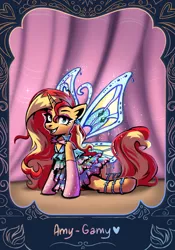 Size: 1668x2388 | Tagged: safe, artist:amy-gamy, derpibooru import, sunset shimmer, fairy, fairy pony, original species, pony, unicorn, bloom (winx club), clothes, cosplay, costume, ear piercing, earring, enchantix, fairy wings, fairyized, gloves, image, jewelry, jpeg, looking at you, piercing, solo, sunset cosplay flashmob, wings, winx club