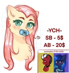 Size: 2027x2135 | Tagged: safe, artist:vaiola, derpibooru import, fluttershy, oc, oc:shatter misty cloud, pony, advertisement, auction, avatar, baby, baby pony, big eyes, blushing, bust, chest fluff, commission, cute, ear fluff, example, eyebrows, female, fluffy, icon, image, long mane, mare, pacifier, png, portrait, shy, simple background, sketch, solo, ych example, ych sketch, your character here