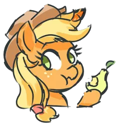 Size: 1614x1708 | Tagged: safe, artist:creamyogurt, derpibooru import, applejack, earth pony, pony, aside glance, bust, dishonorapple, eating, female, food, image, looking at you, mare, my little pony, no pupils, pear, png, sideways glance, simple background, solo, three quarter view, transparent background