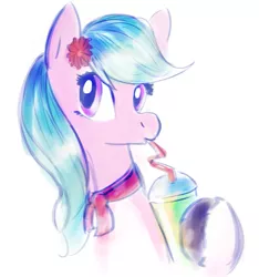 Size: 881x941 | Tagged: safe, anonymous artist, derpibooru import, earth pony, pony, blue, blue mane, clothes, color, cute, dahlia, digital art, drink, drinking, flower, flower in hair, g5, hooves, image, pastel, png, purple, purple eyes, scarf, smoothie, solo, straw