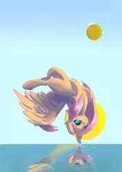 Size: 2480x3508 | Tagged: safe, artist:i love hurt, derpibooru import, fluttershy, pony, female, flying, g4, image, mare, mirror universe, nimbus, pink hair, png, simple background, soft shading, upside down, water