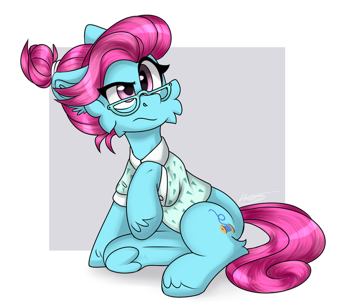 Size: 1984x1789 | Tagged: safe, artist:brokenwings, derpibooru import, blue bobbin, earth pony, pony, :s, background pony, blue coat, canon, cheek fluff, clothes, female, glasses, grumpy, hooves, image, mare, pink mane, png, raised eyebrow, raised hoof, signature, simple background, sitting, solo, tail, underhoof, wavy mouth