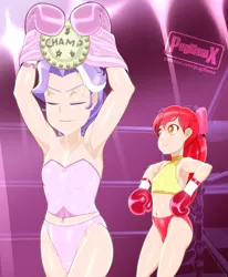 Size: 1839x2227 | Tagged: safe, alternate version, artist:pugilismx, apple bloom, diamond tiara, human, boxing, boxing gloves, championship, humanized, image, jpeg, sports