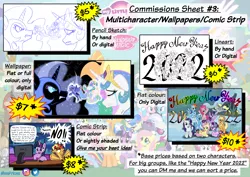 Size: 7016x4961 | Tagged: safe, artist:memprices, derpibooru import, applejack, derpy hooves, fluttershy, nightmare moon, pinkie pie, princess celestia, princess luna, rainbow dash, rarity, starlight glimmer, sunset shimmer, trixie, twilight sparkle, twilight sparkle (alicorn), alicorn, earth pony, pegasus, pony, unicorn, advertisement, colored, comic strip, comic style, commission info, doodle, example, female, filly, filly luna, flat colors, high res, image, mare, pencil drawing, png, prices, princess, sketch, speech bubble, traditional art, younger