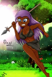 Size: 1024x1516 | Tagged: safe, artist:danielitamlp, derpibooru import, oc, oc:shaily melodi, unofficial characters only, equestria girls, big breasts, black bra, bra, breasts, busty oc, cleavage, clothes, dark skin, equestria girls-ified, female, hunting, image, jpeg, jungle, legs, loincloth, raised eyebrow, running, solo, spear, tree, tribal, underwear, weapon