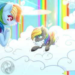 Size: 1500x1500 | Tagged: safe, derpibooru import, rainbow dash, oc, oc:dark rainbow, pegasus, pony, canon x oc, cloud, commission, cute, darsh, day, female, image, jpeg, male, mare, on a cloud, pegasus oc, rainbow, smiling, stallion, training, wings, ych result