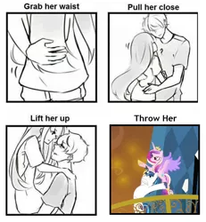 Size: 510x553 | Tagged: safe, derpibooru import, editor:leonidus, screencap, princess cadance, shining armor, alicorn, human, unicorn, season 3, the crystal empire, bipedal, comic, epic wife tossing, female, horn, horn crystals, husband and wife, image, instructions, magic suppression, male, meme, png, silly, text