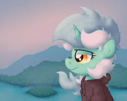 Size: 2415x1926 | Tagged: safe, artist:background basset, derpibooru import, lyra heartstrings, pony, unicorn, fanfic:background pony, bust, clothes, dig the swell hoodie, female, hoodie, image, lidded eyes, mare, mountain, png, solo, water