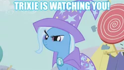 Size: 1280x720 | Tagged: safe, derpibooru import, edit, edited screencap, screencap, trixie, pony, unicorn, boast busters, season 1, cape, caption, clothes, female, hat, image, imgflip, jpeg, mare, narrowed eyes, outdoors, smiling, solo, text, trixie's cape, trixie's hat