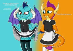 Size: 1280x890 | Tagged: suggestive, artist:neondragon, derpibooru import, princess ember, smolder, dragon, clothes, dragoness, dress, dress lift, ember is not amused, female, image, jpeg, maid, pantyhose, simple background, socks, stockings, thigh highs, unamused