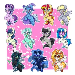 Size: 1500x1500 | Tagged: safe, artist:lou, derpibooru import, bon bon, daybreaker, derpy hooves, lyra heartstrings, nightmare moon, octavia melody, queen chrysalis, starlight glimmer, sunset shimmer, sweetie drops, trixie, vinyl scratch, alicorn, changeling, changeling queen, earth pony, pegasus, pony, unicorn, female, image, png