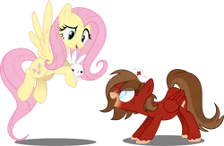 Size: 1280x837 | Tagged: safe, artist:tired-horse-studios, derpibooru import, fluttershy, oc, pegasus, pony, rabbit, animal, colored pupils, duo, duo female, female, flying, folded wings, freckles, hat, hoof hold, hooves, image, mare, nurse hat, open mouth, open smile, pegasus oc, png, shadow, show accurate, simple background, smiling, spread wings, standing, tail, transparent background, unshorn fetlocks, watermark, wings