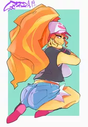 Size: 1400x2000 | Tagged: suggestive, artist:sozglitch, derpibooru import, part of a set, adagio dazzle, equestria girls, adagio dat-azzle, baseball cap, bedroom eyes, big breasts, big hair, breasts, busty adagio dazzle, cap, clothes, clothes swap, cosplay, costume, daisy dukes, female, hat, image, jpeg, kneeling, large butt, looking at you, looking back, looking back at you, pokémon, shorts, sideboob, smiling, smiling at you, solo, solo female, vest