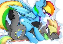 Size: 4093x2894 | Tagged: safe, artist:ahekao, derpibooru import, rainbow dash, oc, oc:dark rainbow, pegasus, pony, blushing, canon x oc, cloud, commission, cuddling, cute, darsh, day, eye contact, female, female on male, image, looking at each other, looking at someone, male, mare, on a cloud, pegasus oc, png, smiling, stallion, straight, wings, ych result