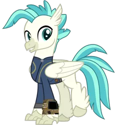Size: 3000x3200 | Tagged: safe, artist:ponygamer2020, derpibooru import, terramar, classical hippogriff, hippogriff, fallout equestria, surf and/or turf, clothes, fallout, image, jumpsuit, looking at you, male, pipboy, png, raised hoof, simple background, smiling, smiling at you, solo, transparent background, vault suit, vector