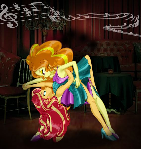 Size: 2196x2320 | Tagged: safe, artist:ponymaan, derpibooru import, adagio dazzle, sunset shimmer, equestria girls, backless, bare shoulders, clothes, dancing, dress, duo, female, high heels, image, lesbian, music notes, png, shipping, shoes, sleeveless, sunsagio, tango