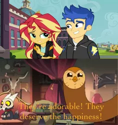 Size: 2044x2168 | Tagged: safe, derpibooru import, flash sentry, sunset shimmer, equestria girls, equestria girls series, female, flashimmer, hooty the owl, image, jpeg, king (the owl house), male, meme, shipping, straight, the owl house