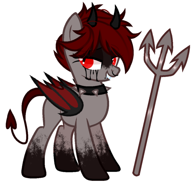 Size: 971x928 | Tagged: safe, artist:idkhesoff, derpibooru import, oc, unofficial characters only, bat pony, demon, demon pony, original species, pony, bat pony oc, bat wings, blood, choker, crying, devil, devil horns, devil tail, female, grin, horns, image, lip piercing, mare, markings, nose piercing, nose ring, piercing, pitchfork, png, simple background, smiling, snake bites, solo, spiked choker, tail, tears of blood, transparent background, wings